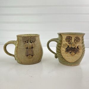 2 Funny Ugly Face 3D Mustache Art Pottery Coffee Mug Tea Cups Stoneware Signed